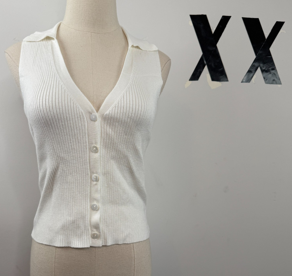 Caroline Constas White Ribbed Knit Preppy Collared Sleeveless Polo Top NWT S